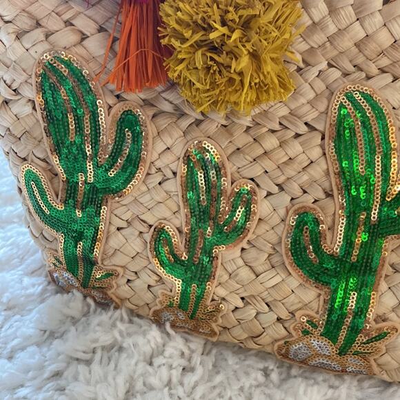 Straw Oversized Sequin Cactus 🌵Colorful Straw Pom Pom Accents Tote - Picture 3 of 11